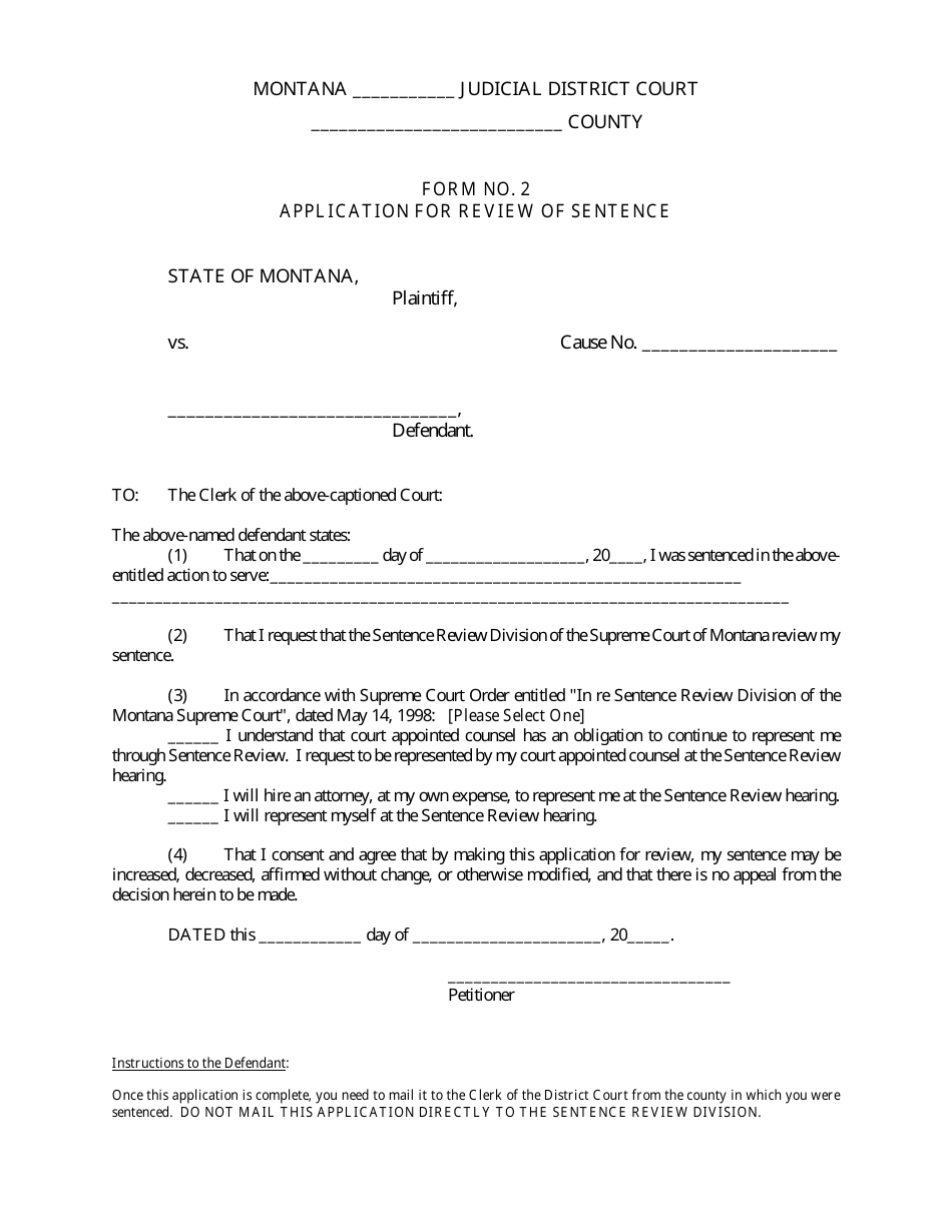 Form 2 Application for Review of Sentence - Montana, Page 1