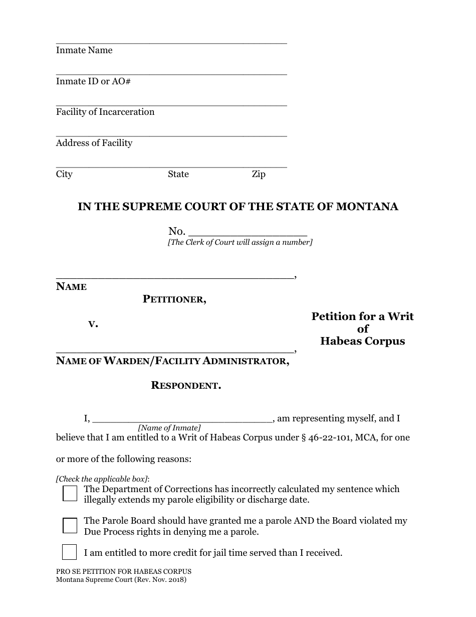 Petition for a Writ of Habeas Corpus Form - Montana, Page 2