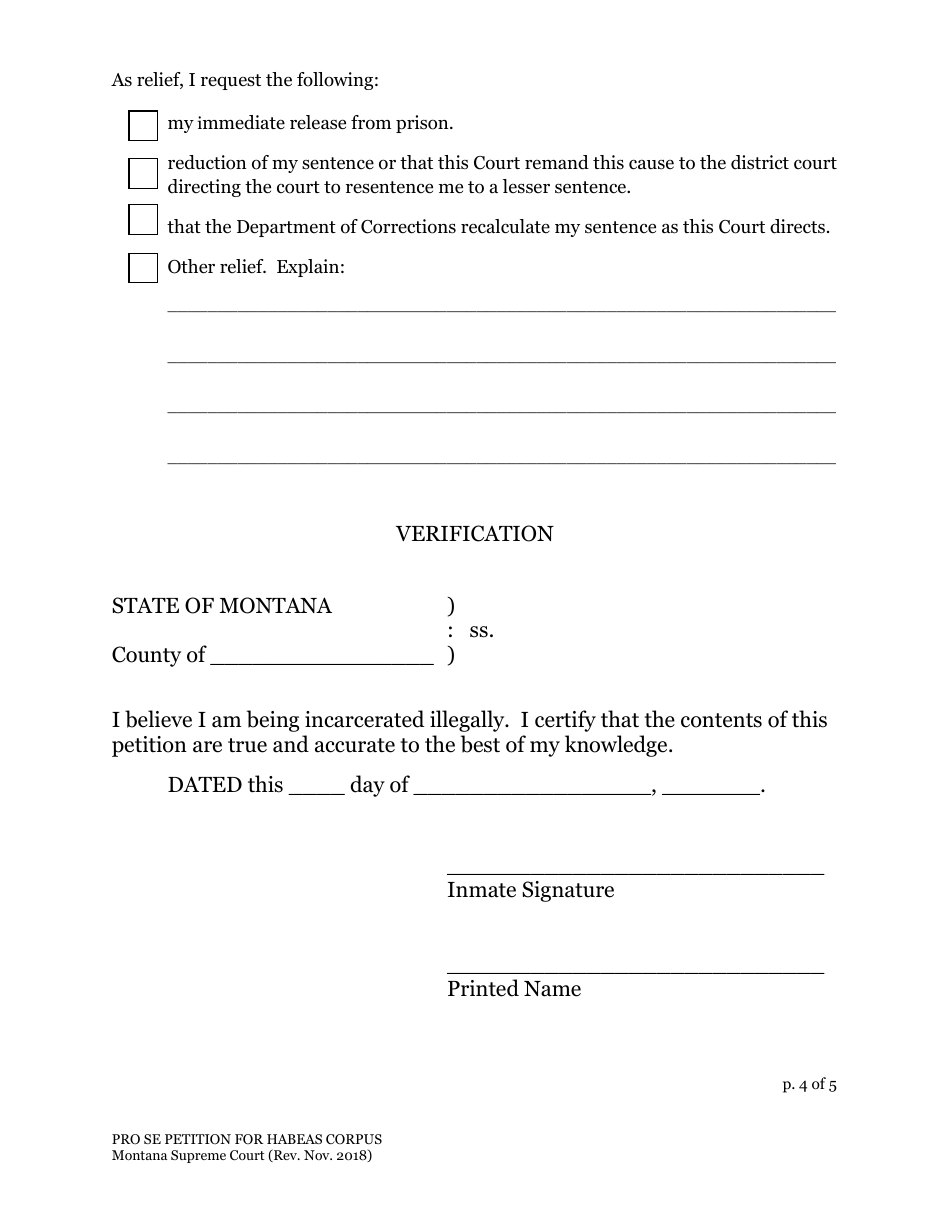 Petition for a Writ of Habeas Corpus Form - Montana, Page 5