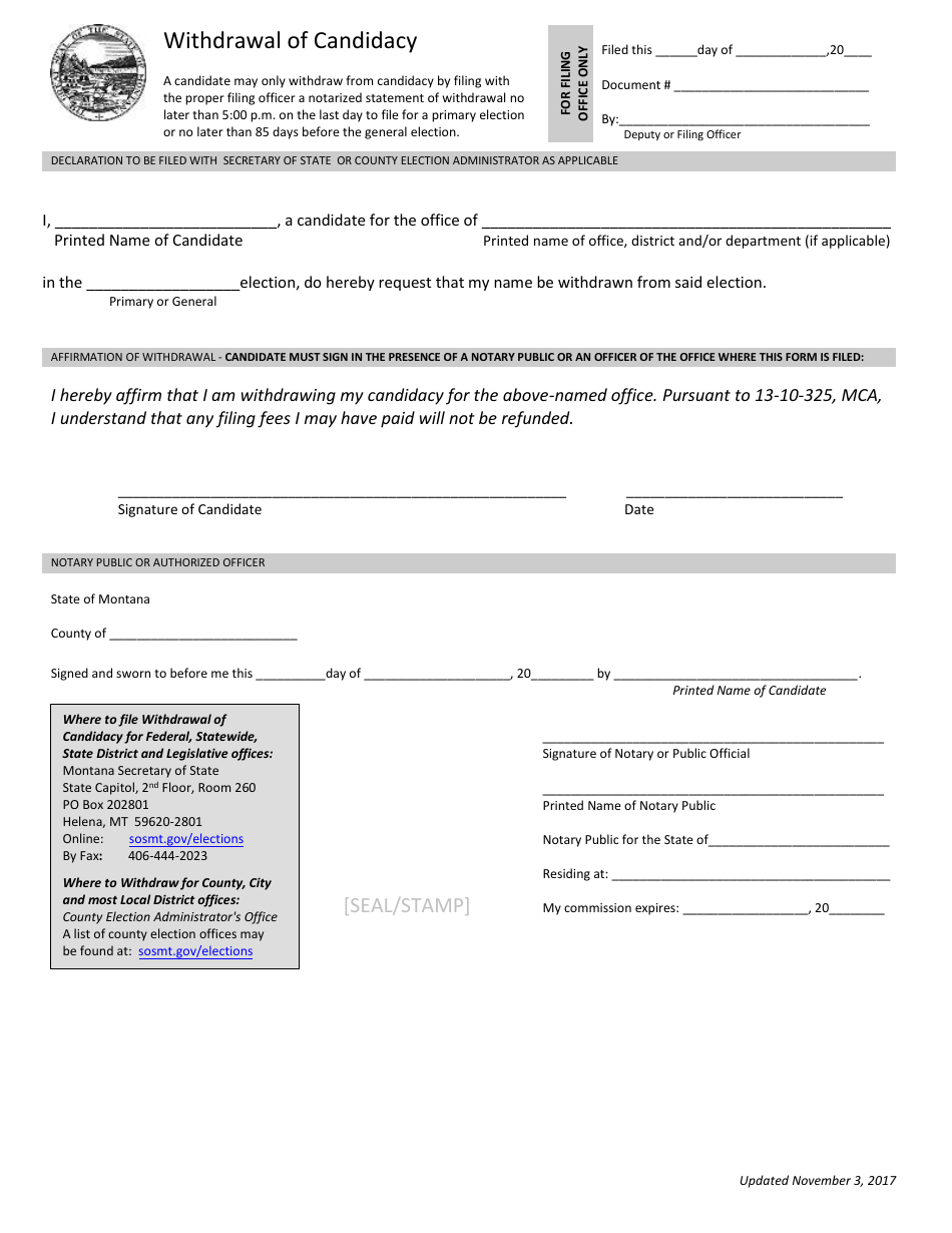 Montana Withdrawal of Candidacy Form - Fill Out, Sign Online and ...