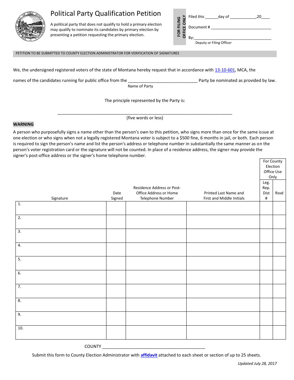 Political Party Qualification Petition Form - Montana, Page 1