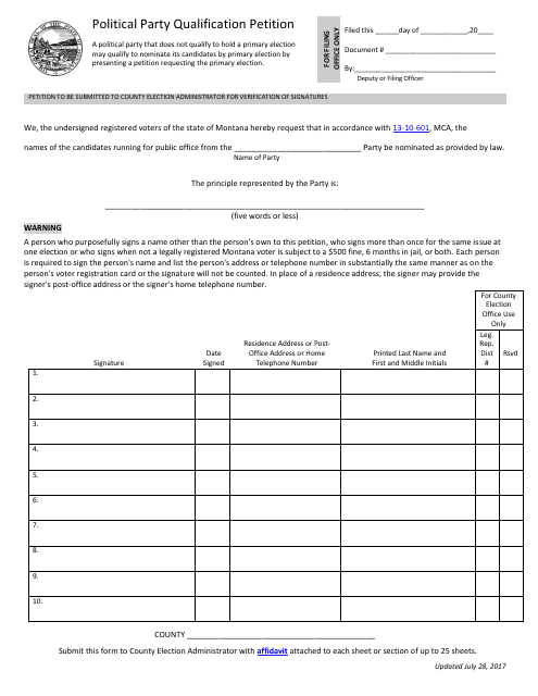 Political Party Qualification Petition Form - Montana