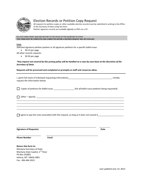 Election Records or Petition Copy Request Form - Montana