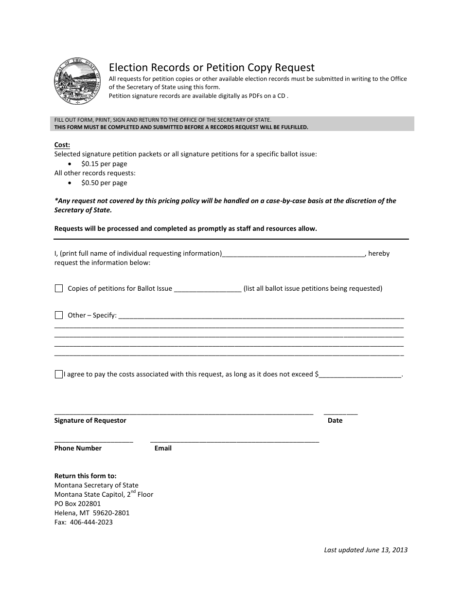 Election Records or Petition Copy Request Form - Montana, Page 1