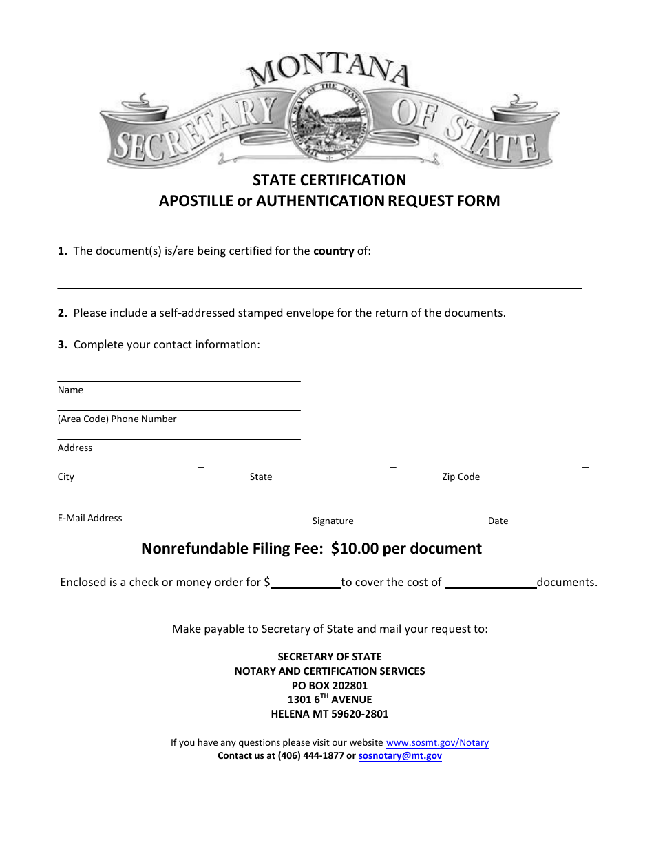 Apostille or Authentication Request Form - Montana, Page 1