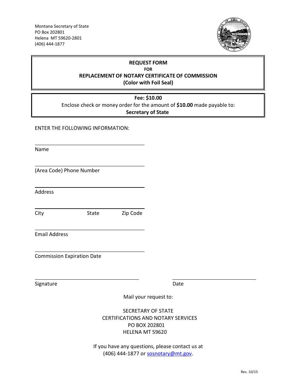 Request Form for Replacement of Notary Certificate of Commission - Montana, Page 1