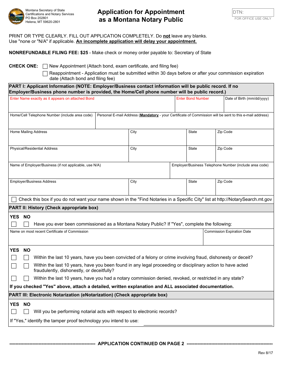 Montana Application for Appointment as a Montana Notary Public - Fill ...