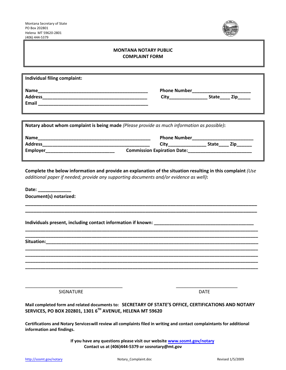 Montana Montana Notary Public Complaint Form Fill Out, Sign Online