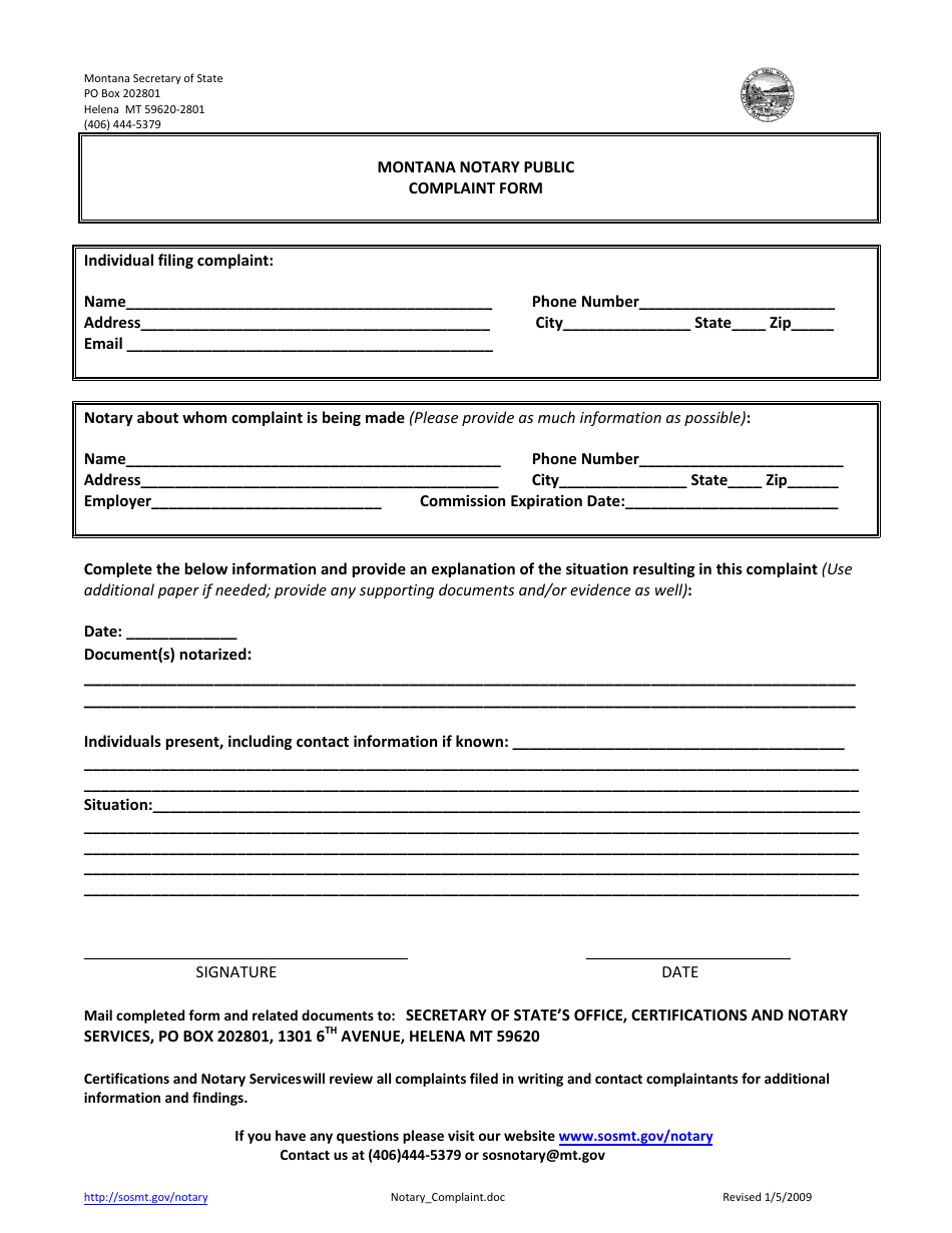 Montana Notary Public Complaint Form - Montana, Page 1