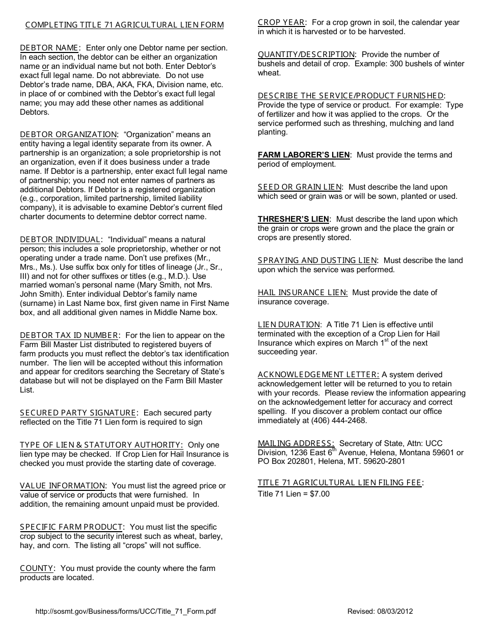 Title 71 Agricultural Lien Form - Montana, Page 2