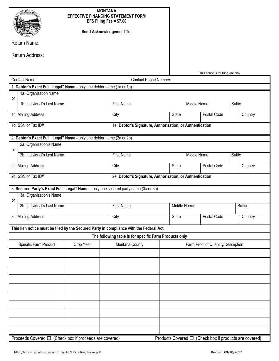 Effective Financing Statement Form - Montana, Page 1