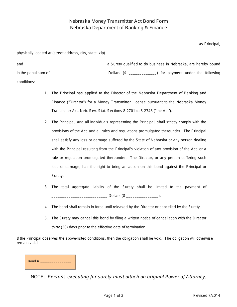 Nebraska Money Transmitter Act Bond Form - Nebraska, Page 1