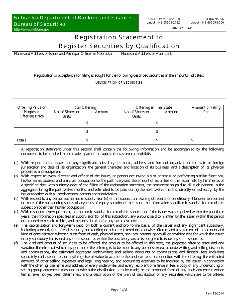 Nebraska Registration Statement to Register Securities by Qualification