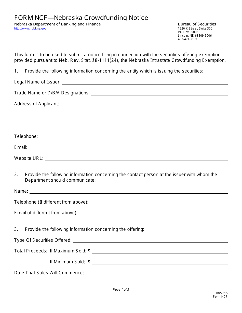Form NCF Nebraska Crowdfunding Notice - Nebraska, Page 1