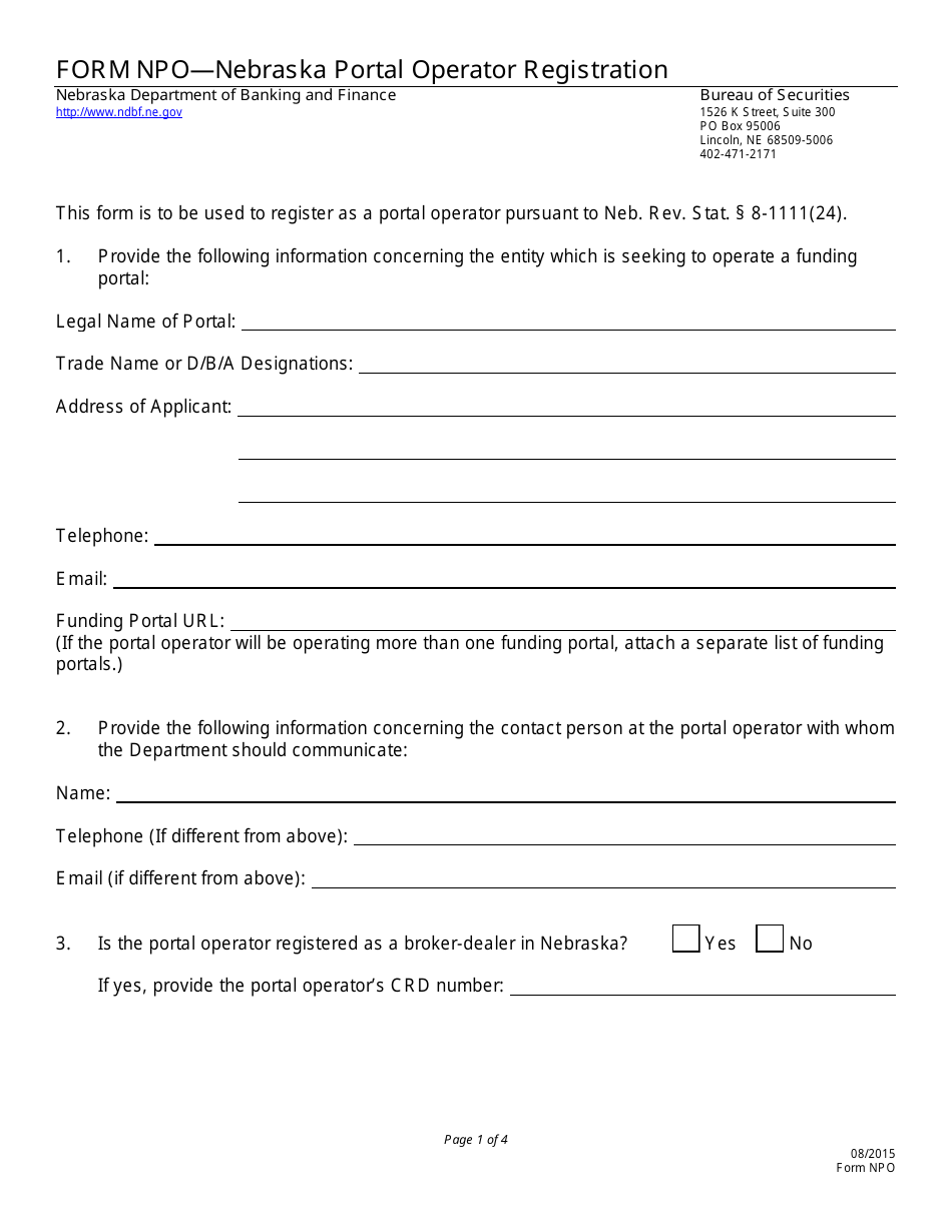 Form NPO Nebraska Portal Operator Registration - Nebraska, Page 1