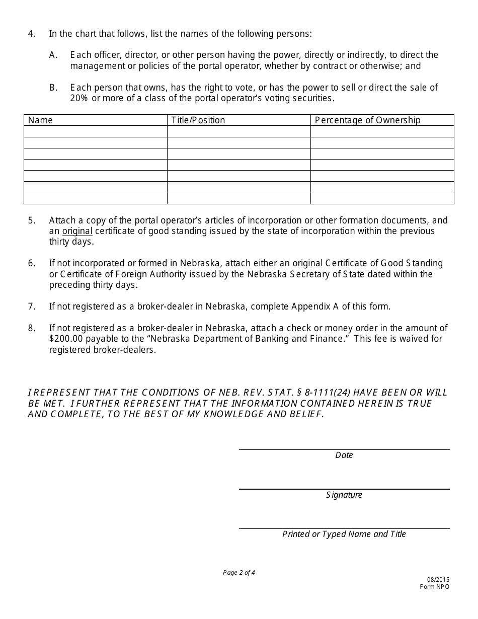 Form NPO Nebraska Portal Operator Registration - Nebraska, Page 2