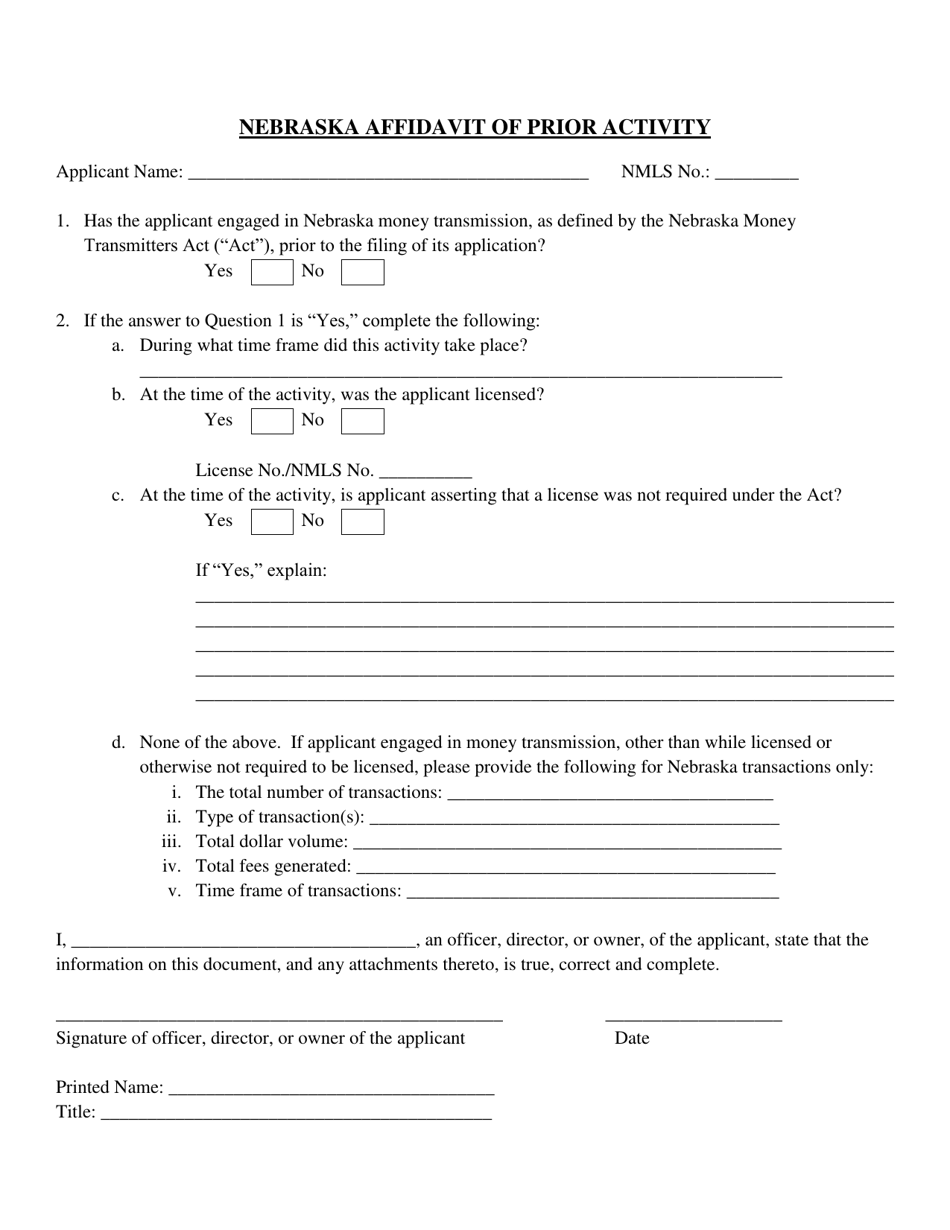 Nebraska Affidavit Of Prior Activity Download Fillable Pdf Templateroller 0672