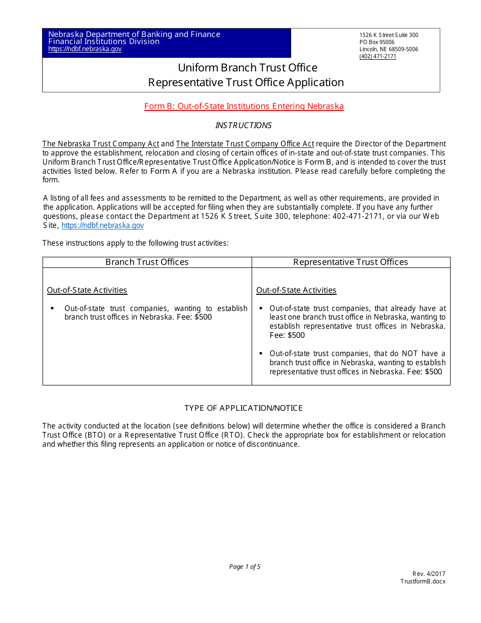 Representative Trust Office Application Form - Uniform Branch Trust Office - Nebraska, Page 1