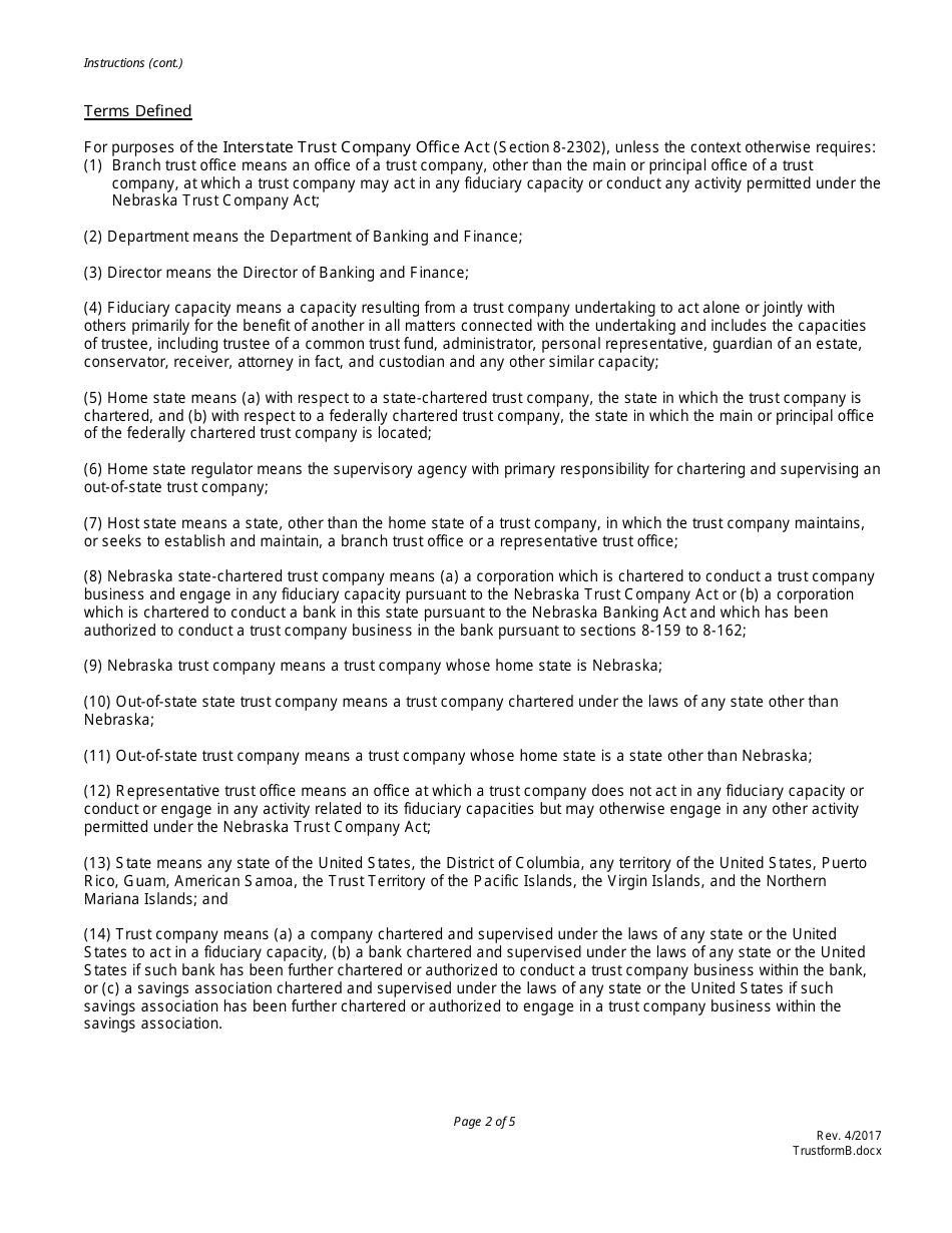 Representative Trust Office Application Form - Uniform Branch Trust Office - Nebraska, Page 2