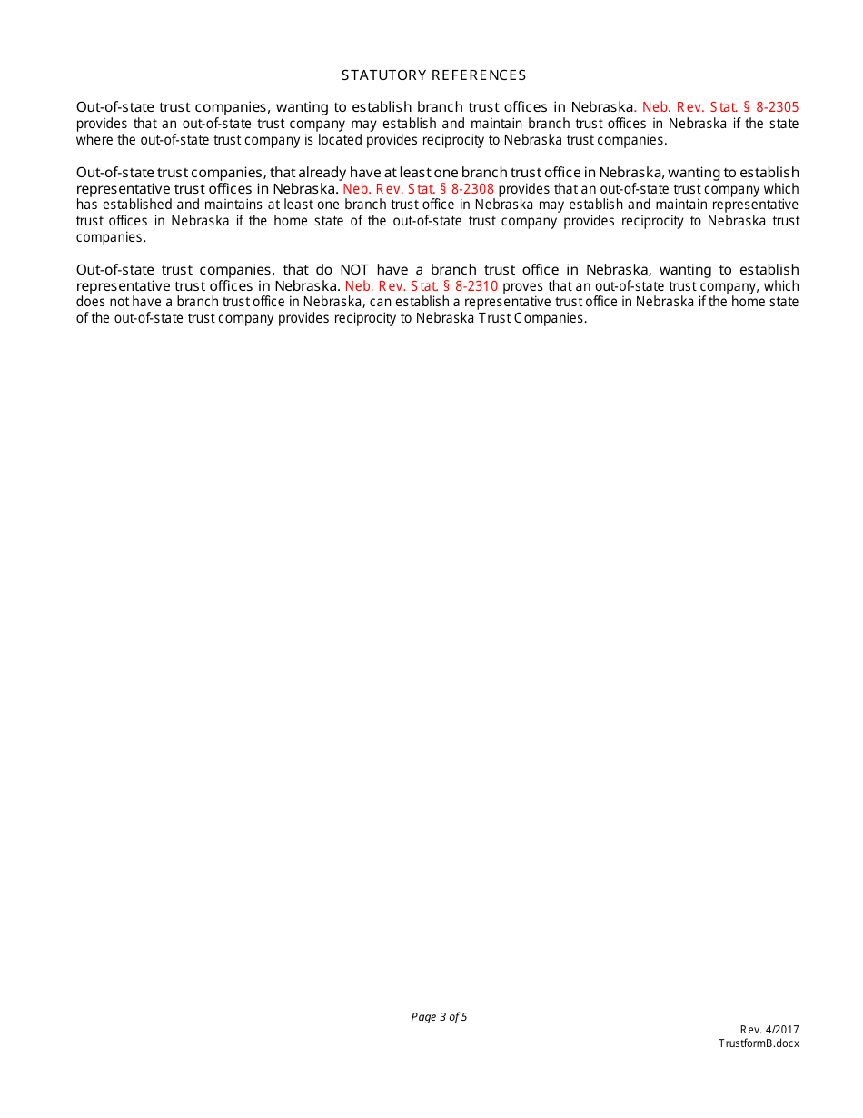 Representative Trust Office Application Form - Uniform Branch Trust Office - Nebraska, Page 3