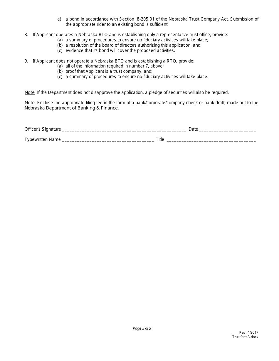 Representative Trust Office Application Form - Uniform Branch Trust Office - Nebraska, Page 5