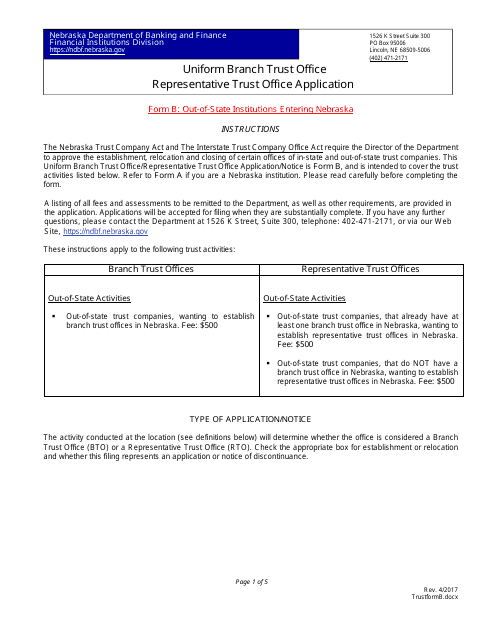 Representative Trust Office Application Form - Uniform Branch Trust Office - Nebraska