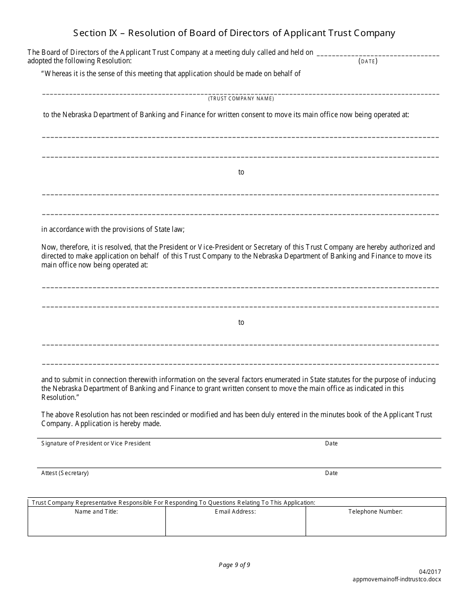 Application to Move Main Office - Independent Trust Company - Nebraska, Page 9