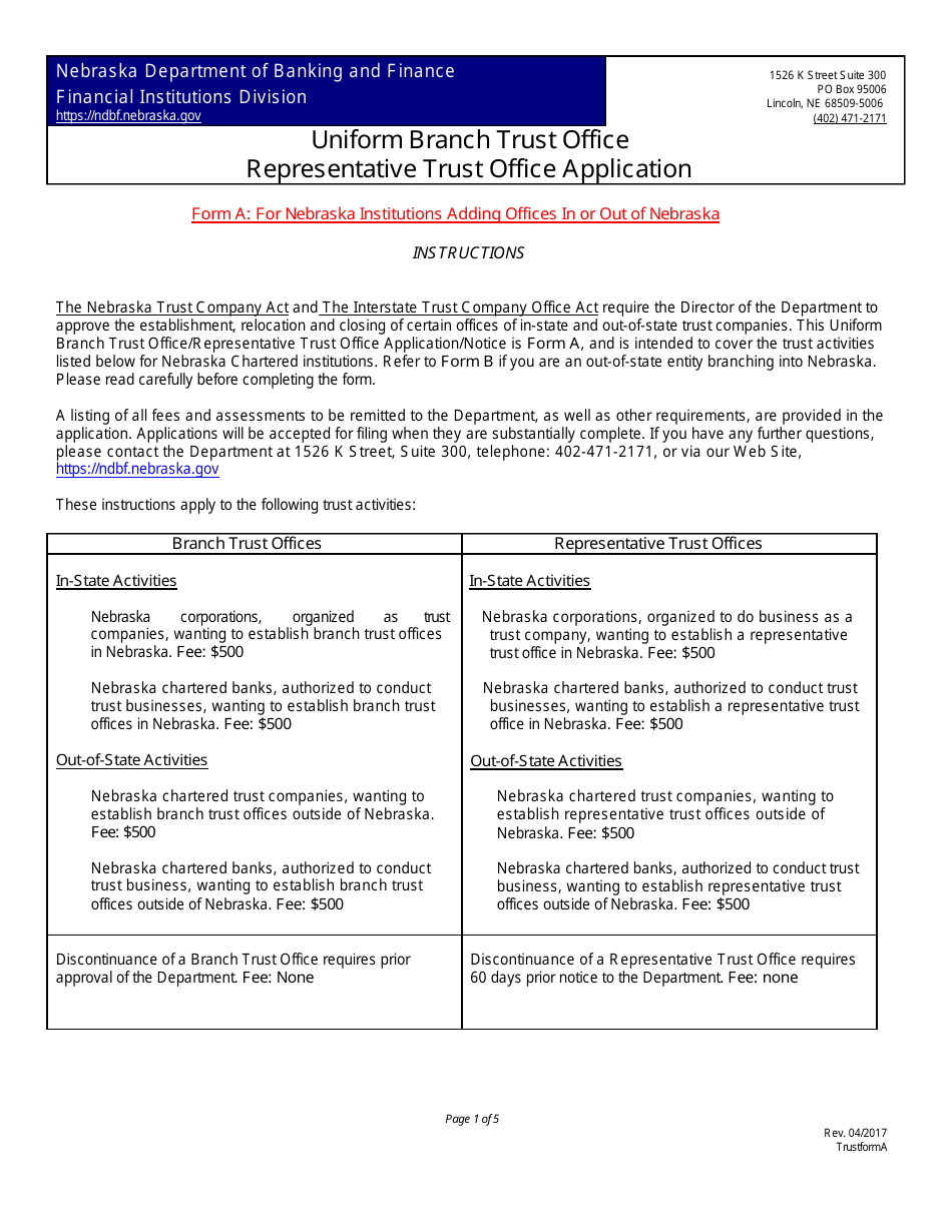 Uniform Branch Trust Office / Representative Trust Office Application / Notice - Nebraska, Page 1