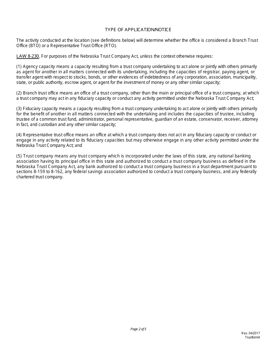Uniform Branch Trust Office / Representative Trust Office Application / Notice - Nebraska, Page 2