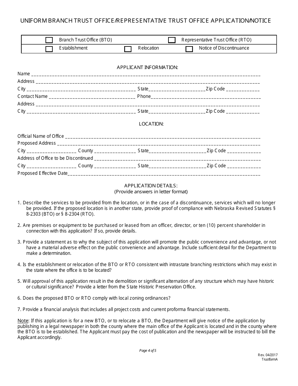Uniform Branch Trust Office / Representative Trust Office Application / Notice - Nebraska, Page 4