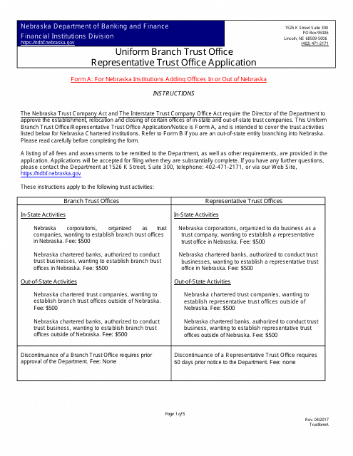 Uniform Branch Trust Office/Representative Trust Office Application/Notice - Nebraska