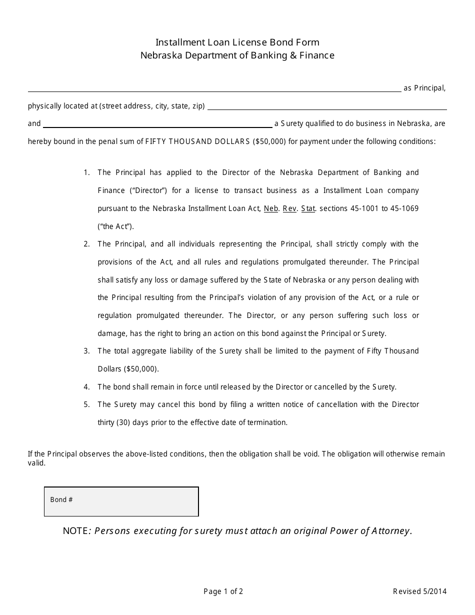 Installment Loan License Bond Form - Nebraska, Page 1