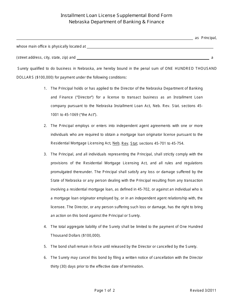 Installment Loan License Supplemental Bond Form - Nebraska, Page 1