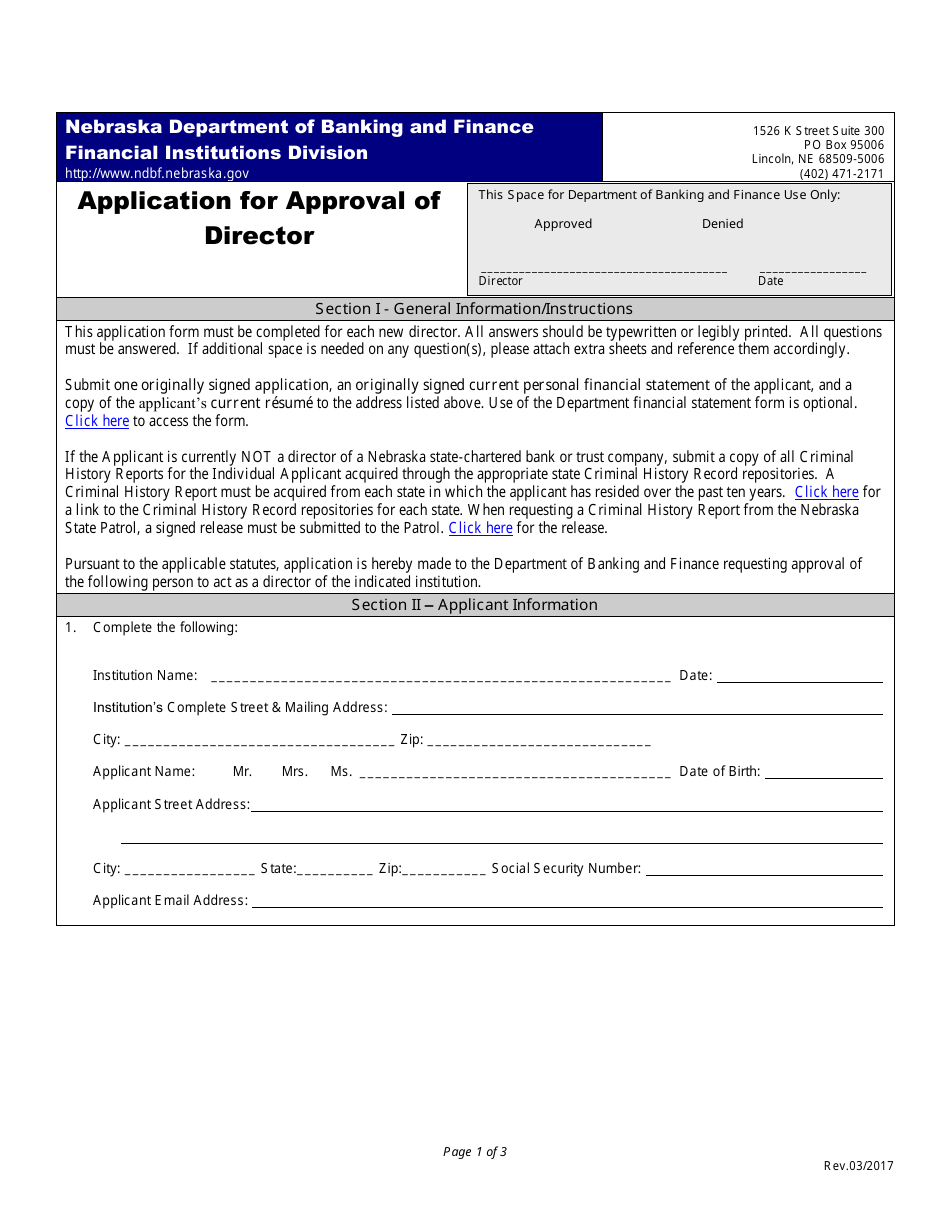 Application for Approval of Director - Nebraska, Page 1