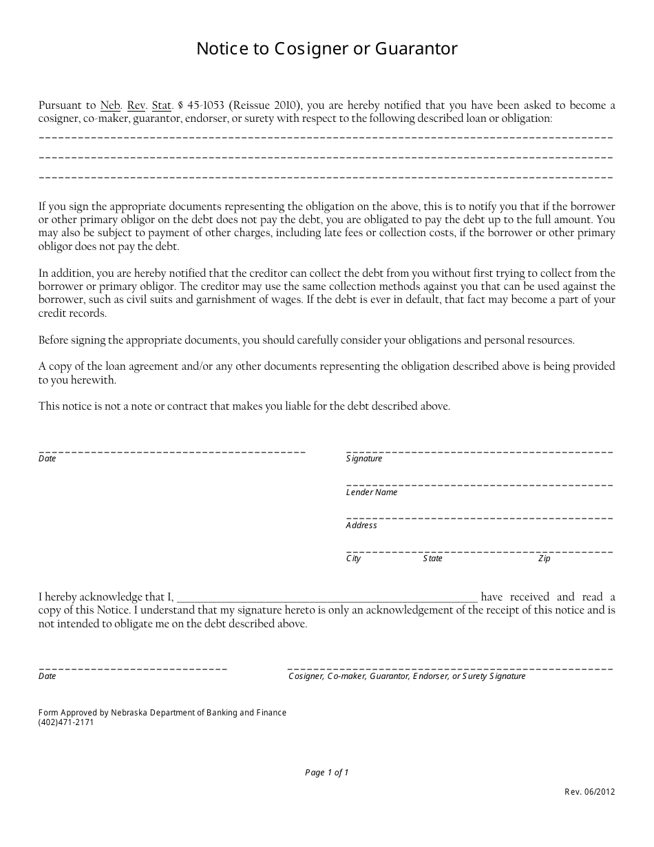 Nebraska Notice to Cosigner or Guarantor Download Printable PDF Inside cosigner loan agreement template