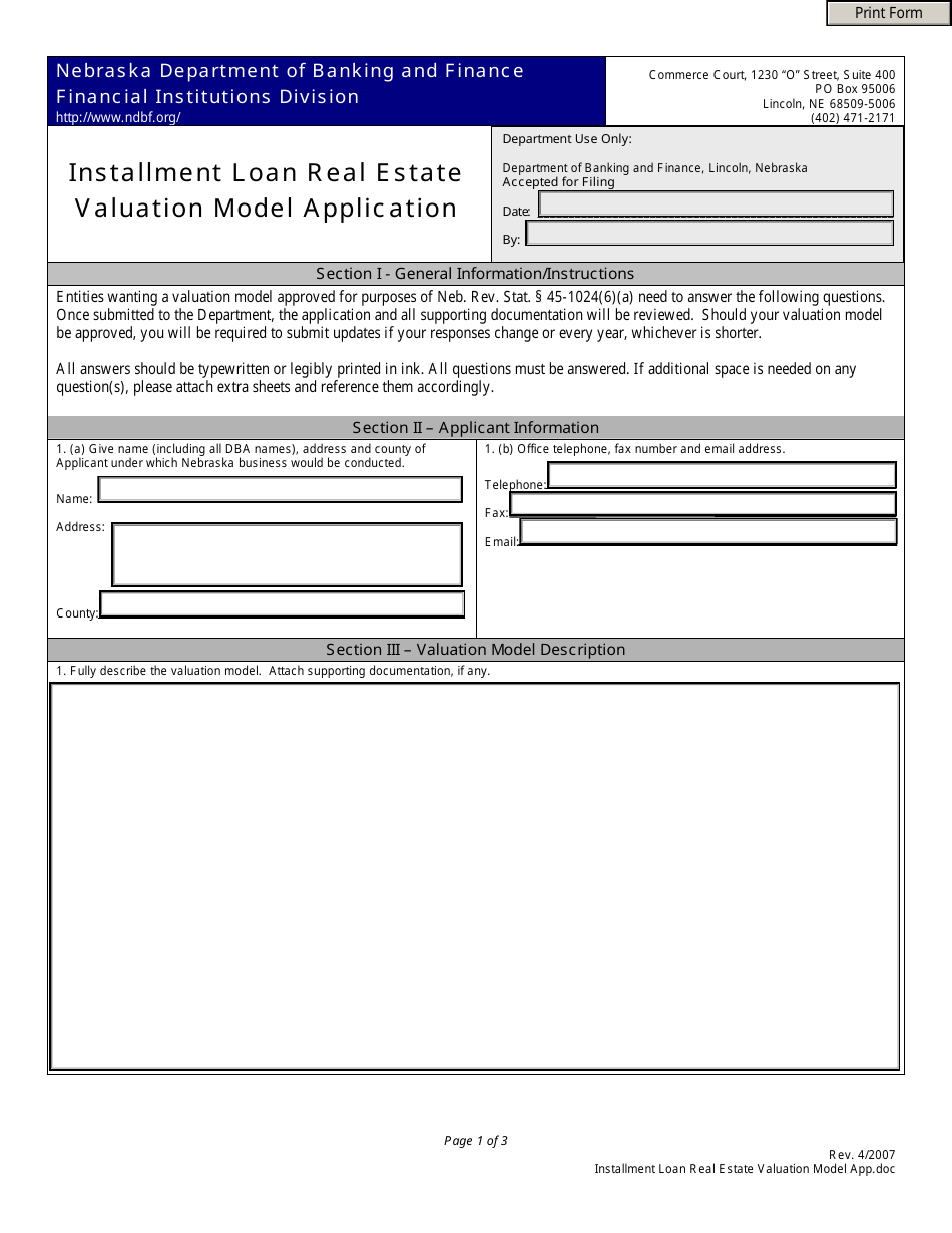 Installment Loan Real Estate Valuation Model Application Form - Nebraska, Page 1