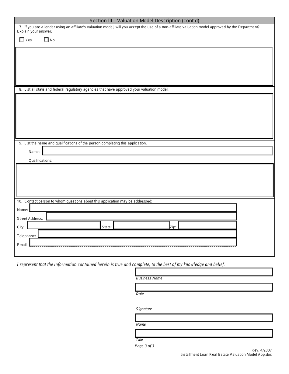 Installment Loan Real Estate Valuation Model Application Form - Nebraska, Page 3