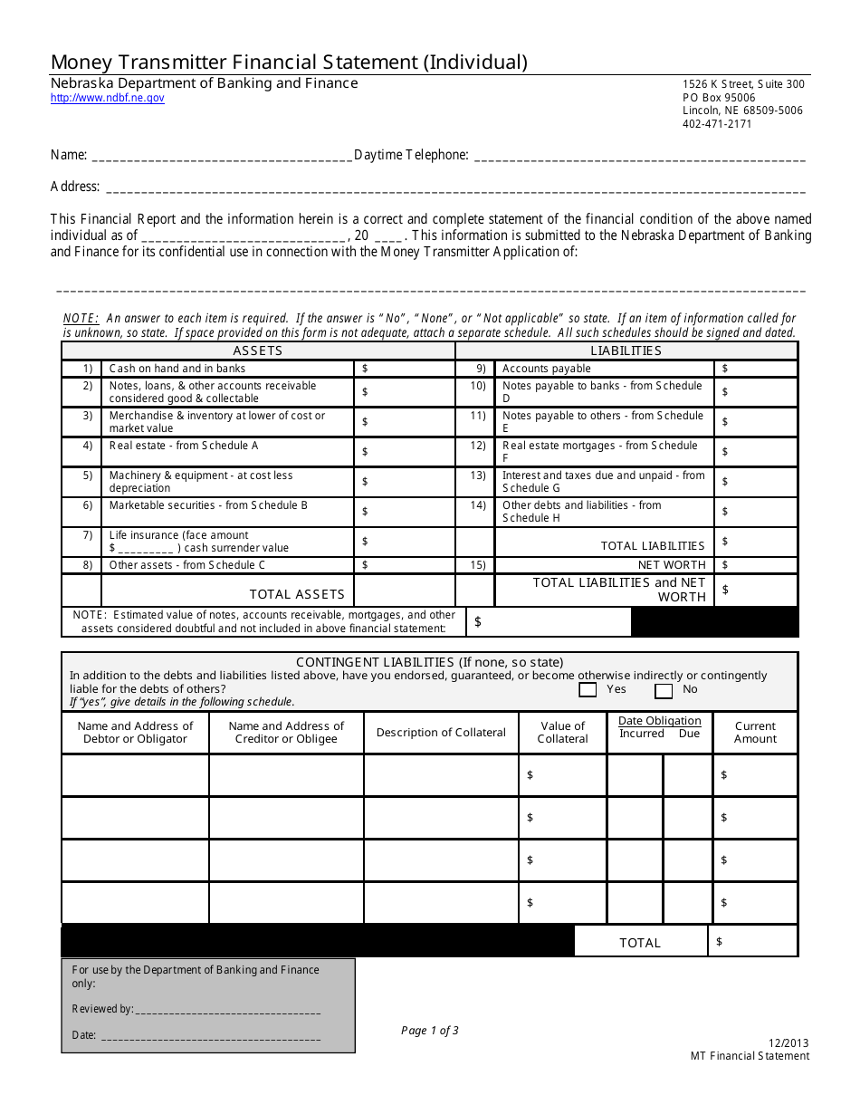 Nebraska Money Transmitter Financial Statement (Individual) - Fill Out ...