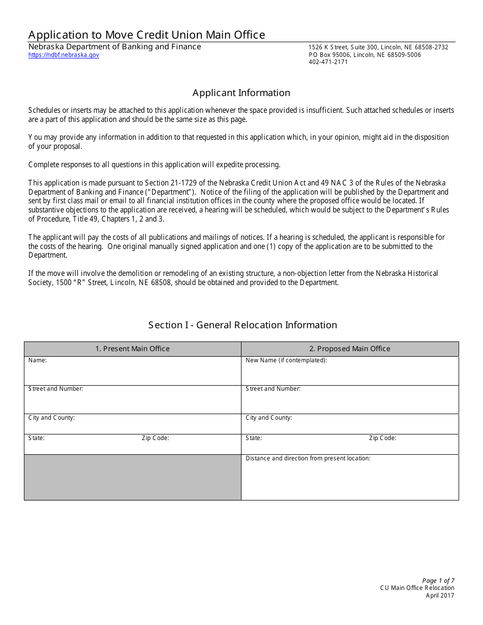 Application to Move Credit Union Main Office - Nebraska, Page 1