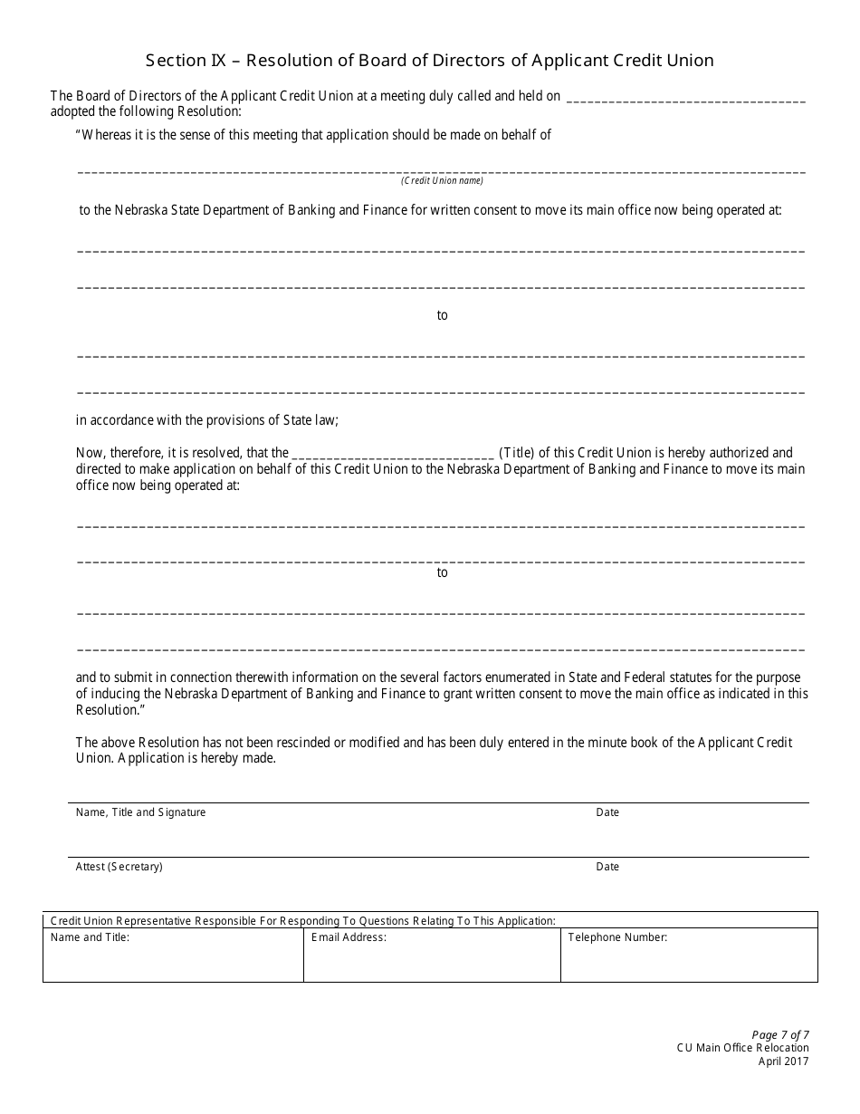 Application to Move Credit Union Main Office - Nebraska, Page 7