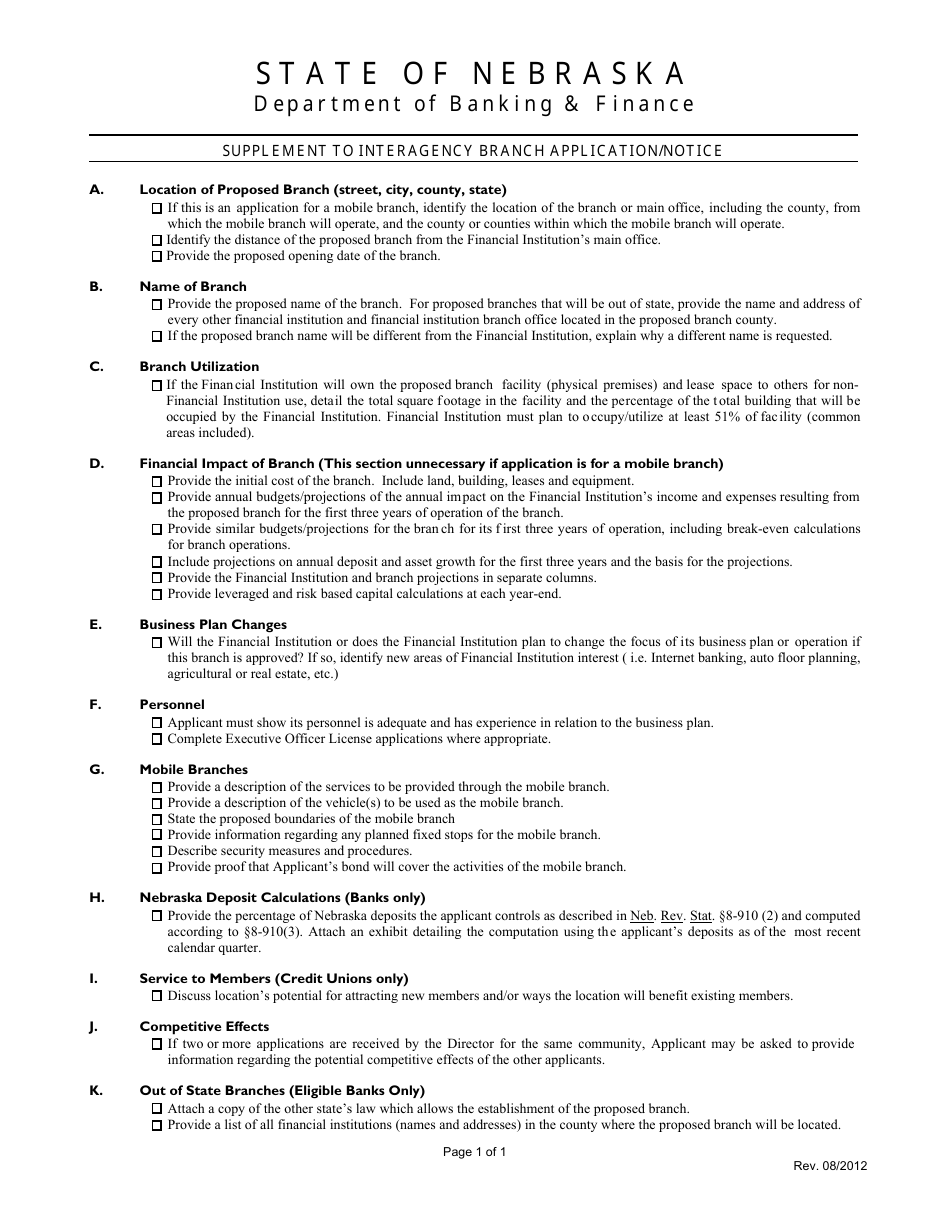 Supplement to Interagency Branch Application / Notice - Nebraska, Page 1