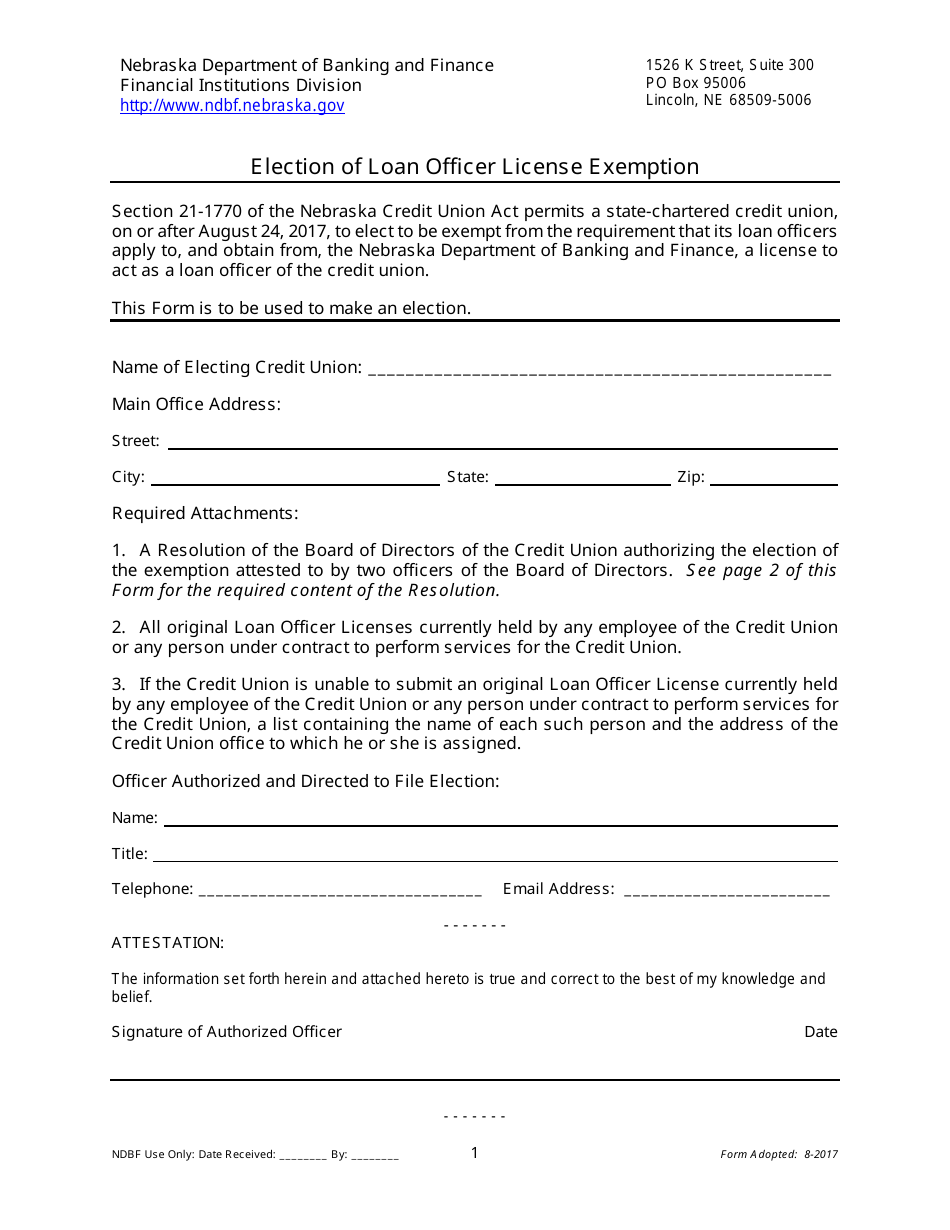 Election of Loan Officer License Exemption - Nebraska, Page 1