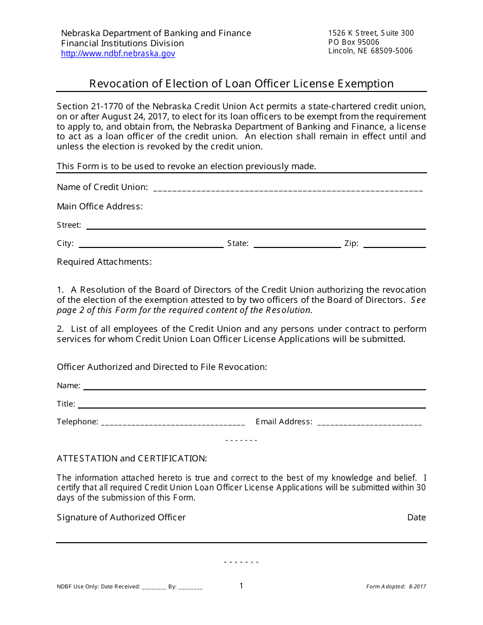 Revocation of Election of Loan Officer License Exemption - Nebraska, Page 1
