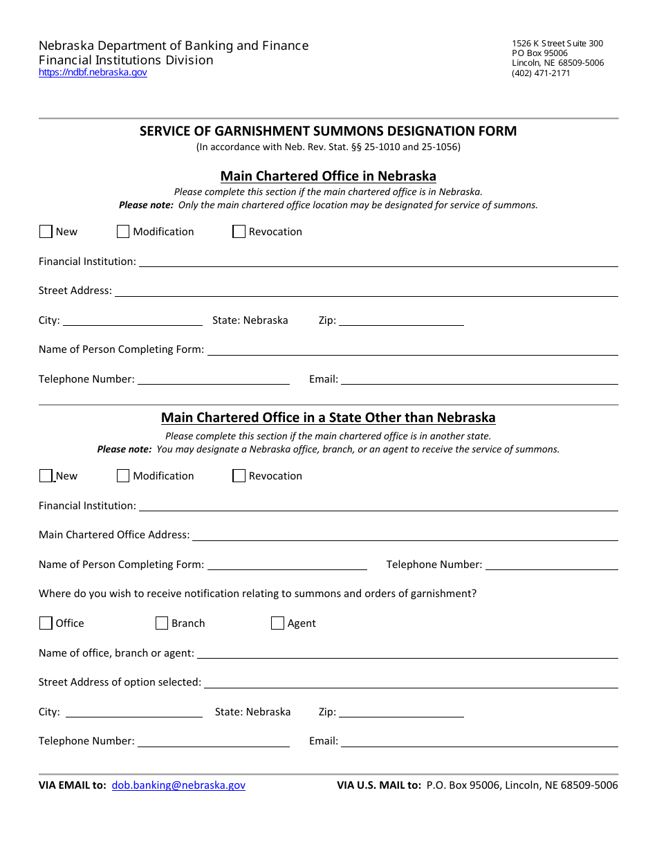 Service of Garnishment Summons Designation Form - Nebraska, Page 1