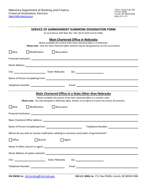 Service of Garnishment Summons Designation Form - Nebraska