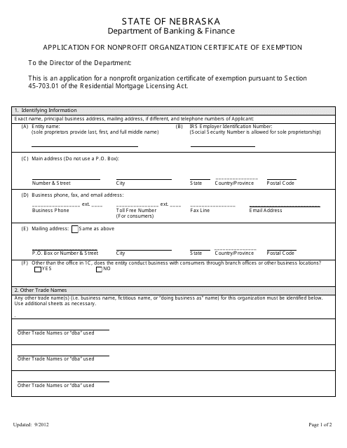 Application for Nonprofit Organization Certificate of Exemption - Nebraska