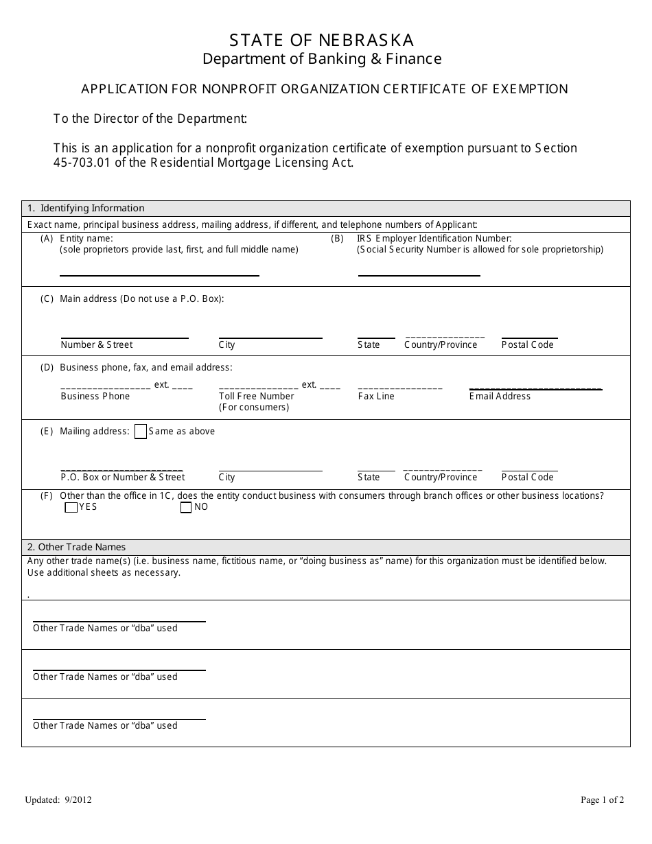 Application for Nonprofit Organization Certificate of Exemption - Nebraska, Page 1