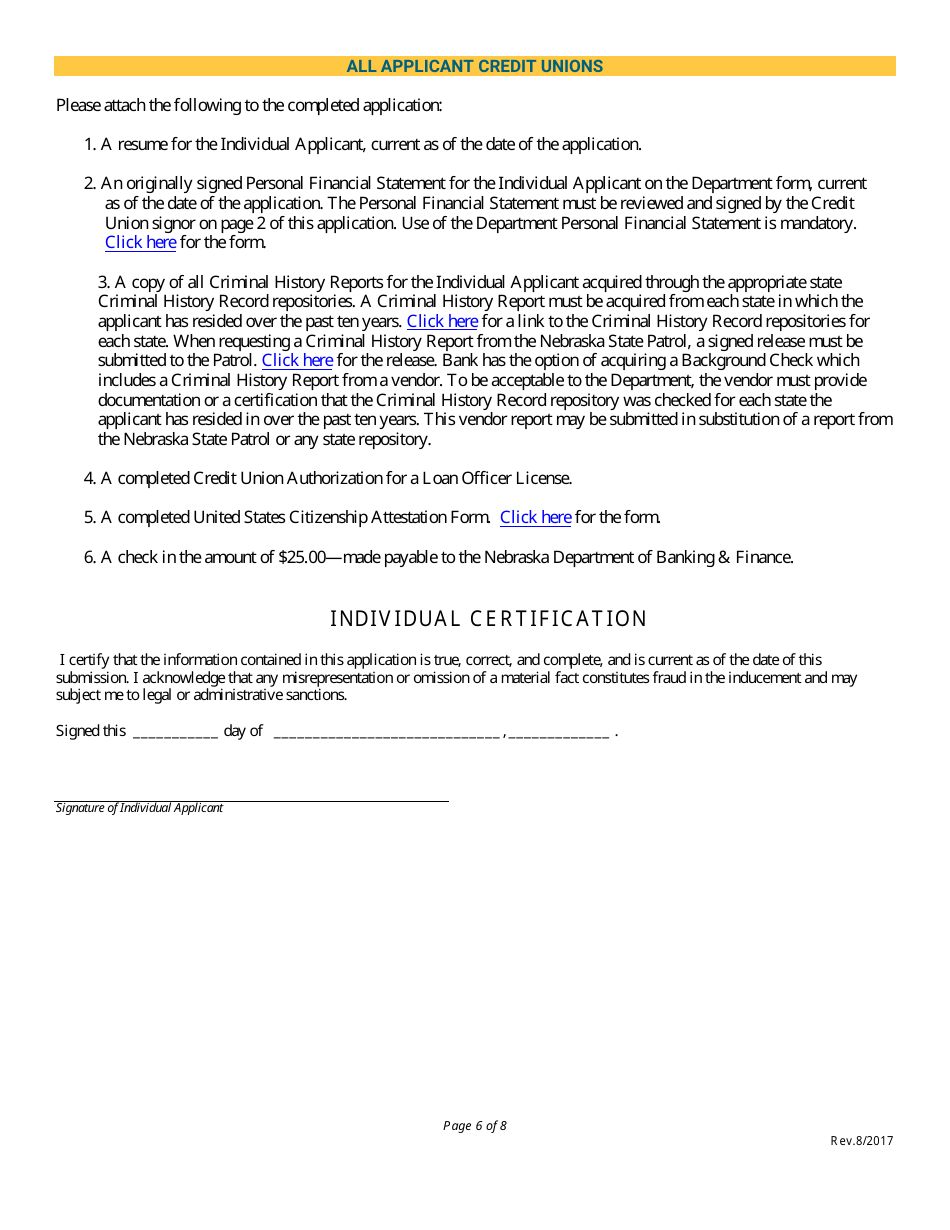 Application for Credit Union Loan Officers License - Nebraska, Page 6