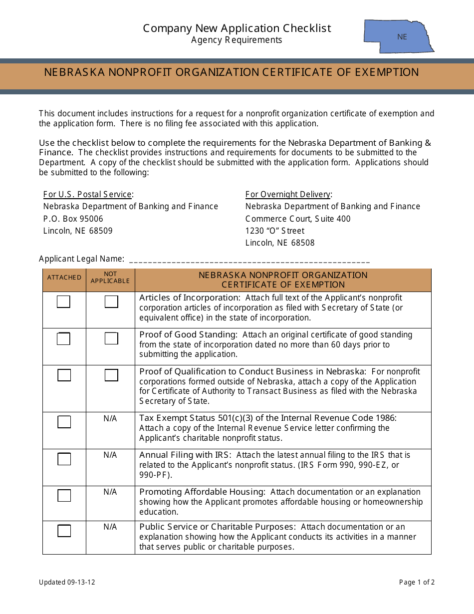 Nebraska Nonprofit Organization Certificate of Exemption - Company New Application Checklist - Nebraska, Page 1
