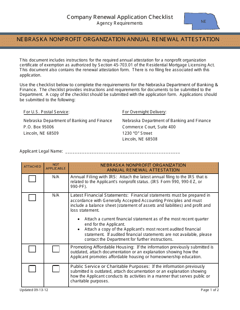 Nebraska Nonprofit Organization Annual Renewal Attestation - Company Renewal Application Checklist - Nebraska Download Pdf